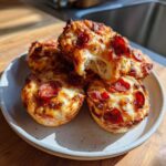 A stack of freshly baked pepperoni pizza muffins with melted, gooey cheese on a speckled white plate.