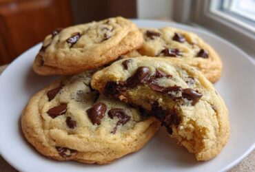 Close-up of four homemade chocolate chip cookies on a white plate, one cookie is broken open showing melted chocolate.