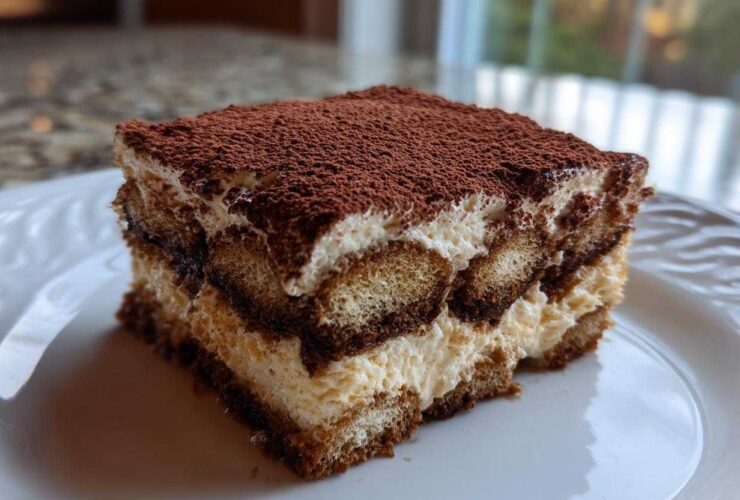 A close-up of a perfect square slice of tiramisu recipe, layered with cream and coffee-soaked ladyfingers, dusted with cocoa.