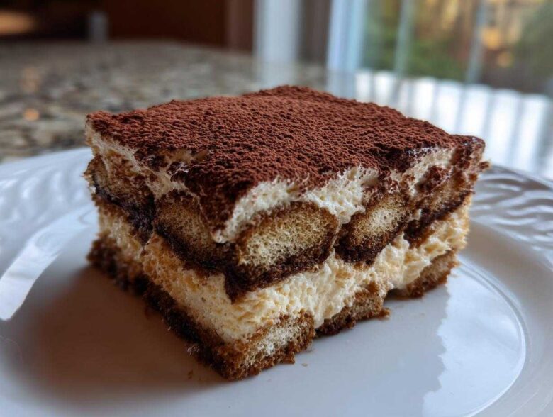 A close-up of a perfect square slice of tiramisu recipe, layered with cream and coffee-soaked ladyfingers, dusted with cocoa.