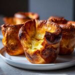 Close-up of several golden brown, tall, and airy yorkshire pudding pastries on a white plate.