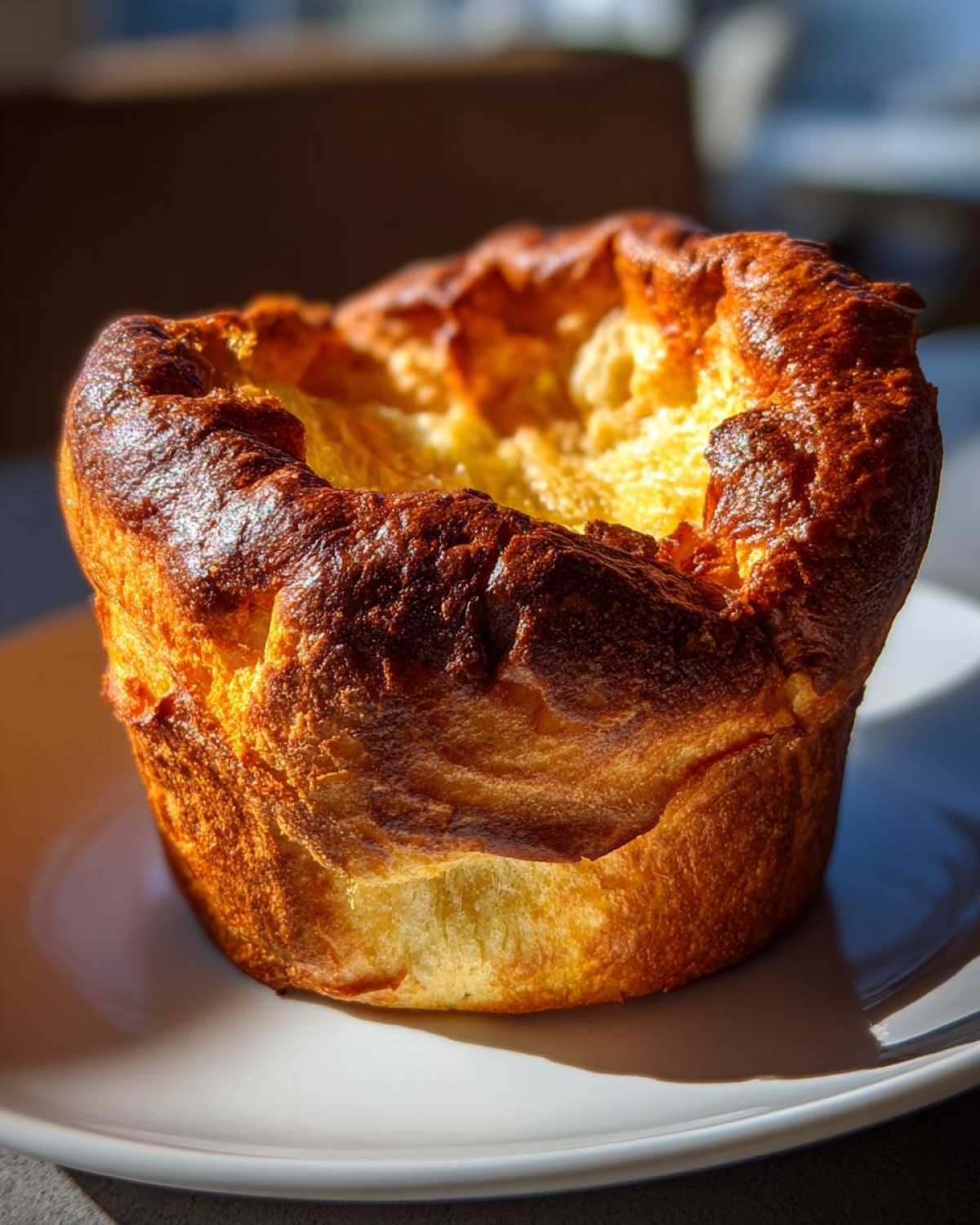 A single, golden-brown, perfectly risen yorkshire pudding sitting on a white plate, highlighted by sunlight.