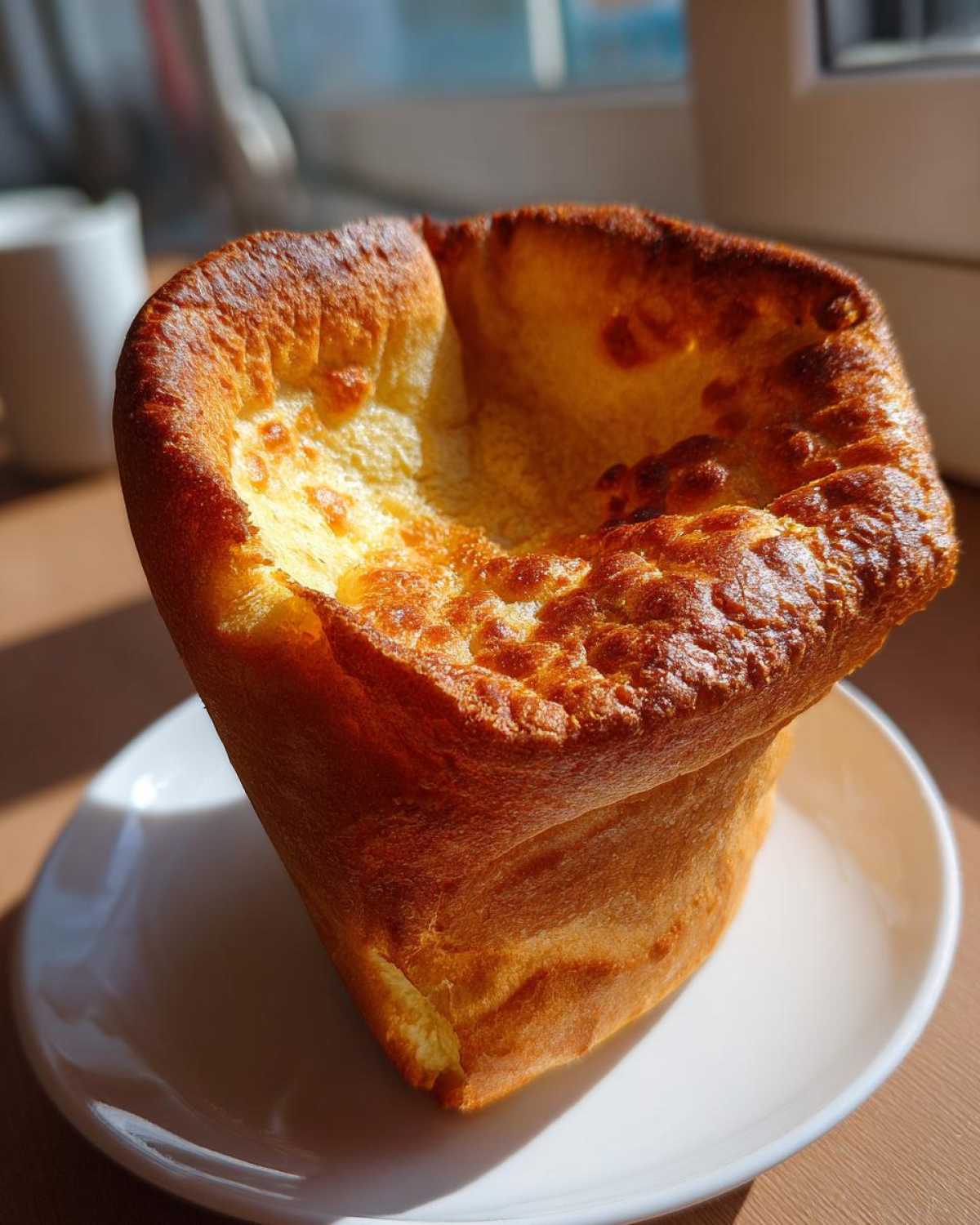 A single, tall, golden-brown yorkshire pudding with a crispy, risen edge sitting on a small white plate.