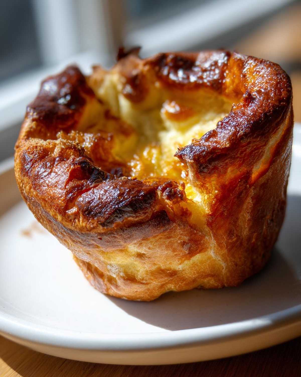 A single, beautifully risen and golden-brown yorkshire pudding sitting on a white plate.