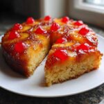 Close-up of a slice cut from a pineapple upside down cake, showing caramelized topping and cherries.