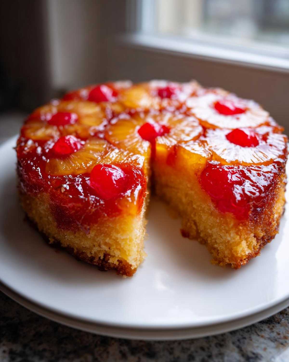 A freshly baked pineapple upside down cake with a slice cut out, showing the caramelized topping and moist crumb.