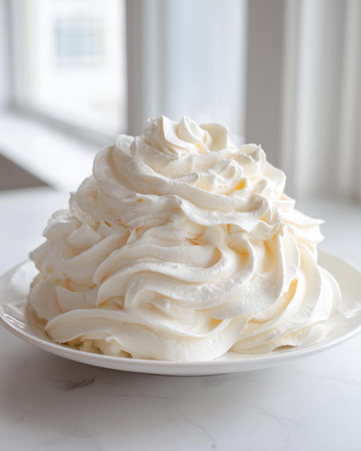 A large, beautifully piped mound of creamy white vanilla buttercream frosting sitting on a white plate.