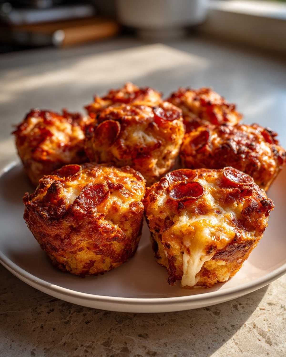 A plate of freshly baked, golden brown pizza muffins topped with melted cheese and pepperoni slices.