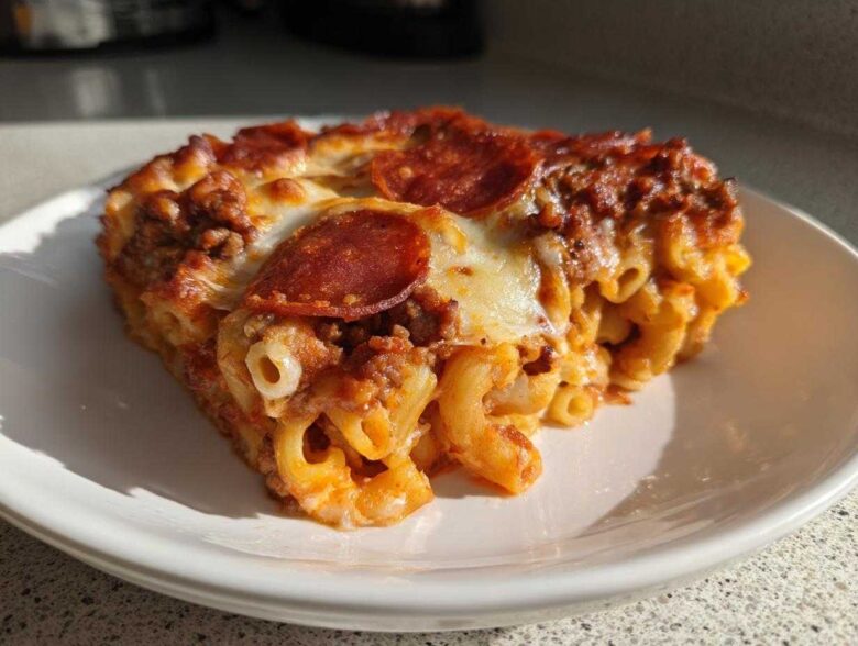 A close-up serving of baked pizza pasta featuring macaroni, meat sauce, melted cheese, and pepperoni slices.