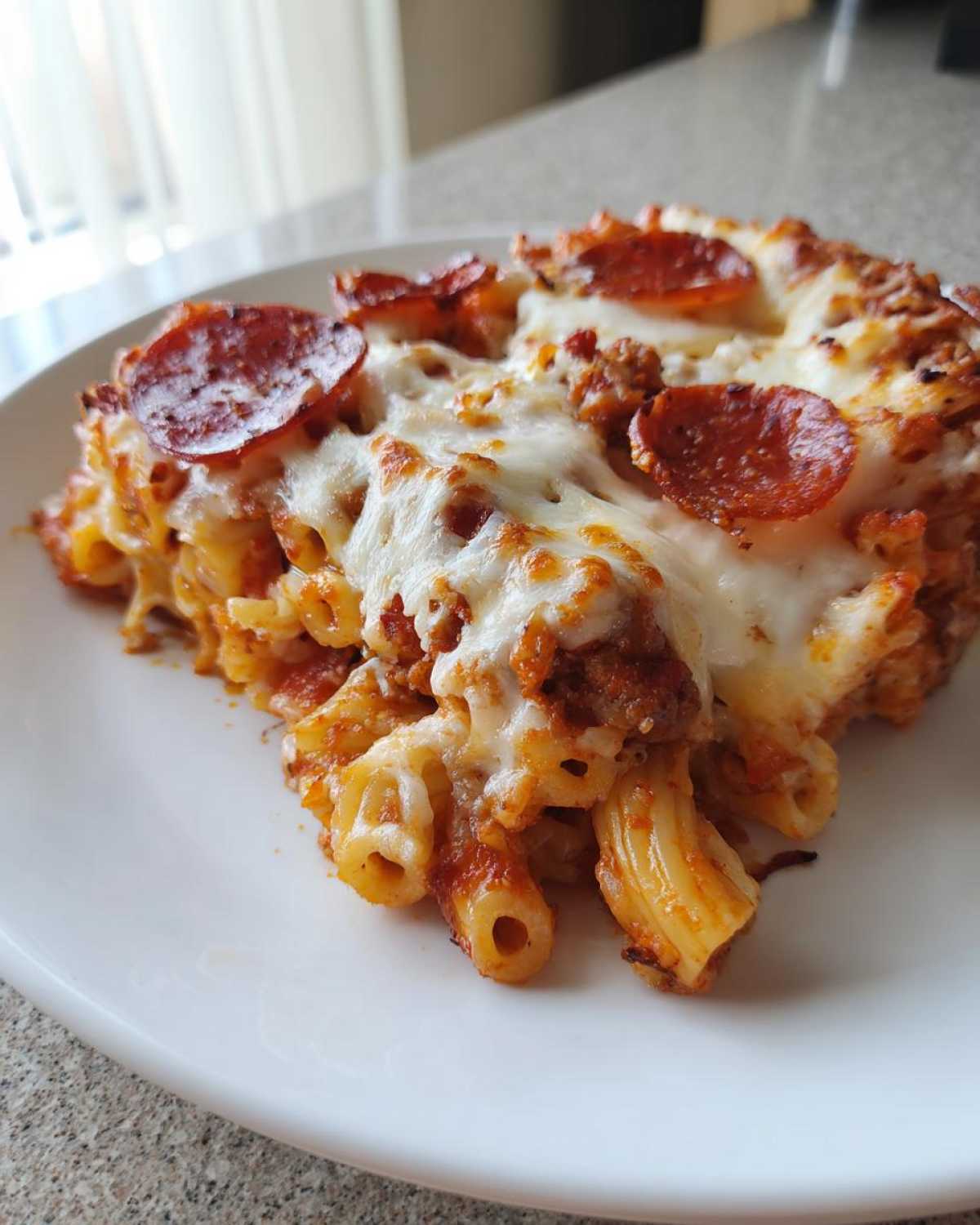 A generous serving of baked pizza pasta topped with melted mozzarella cheese and slices of pepperoni.