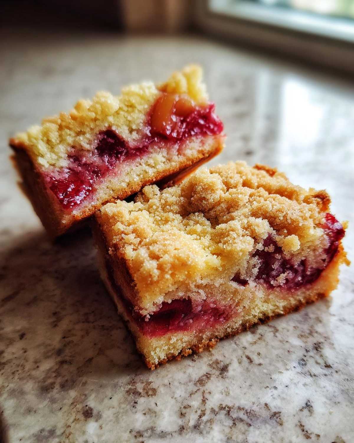 Two moist square slices of plum cake featuring bright red plum filling and a golden crumb topping, resting on a granite counter.