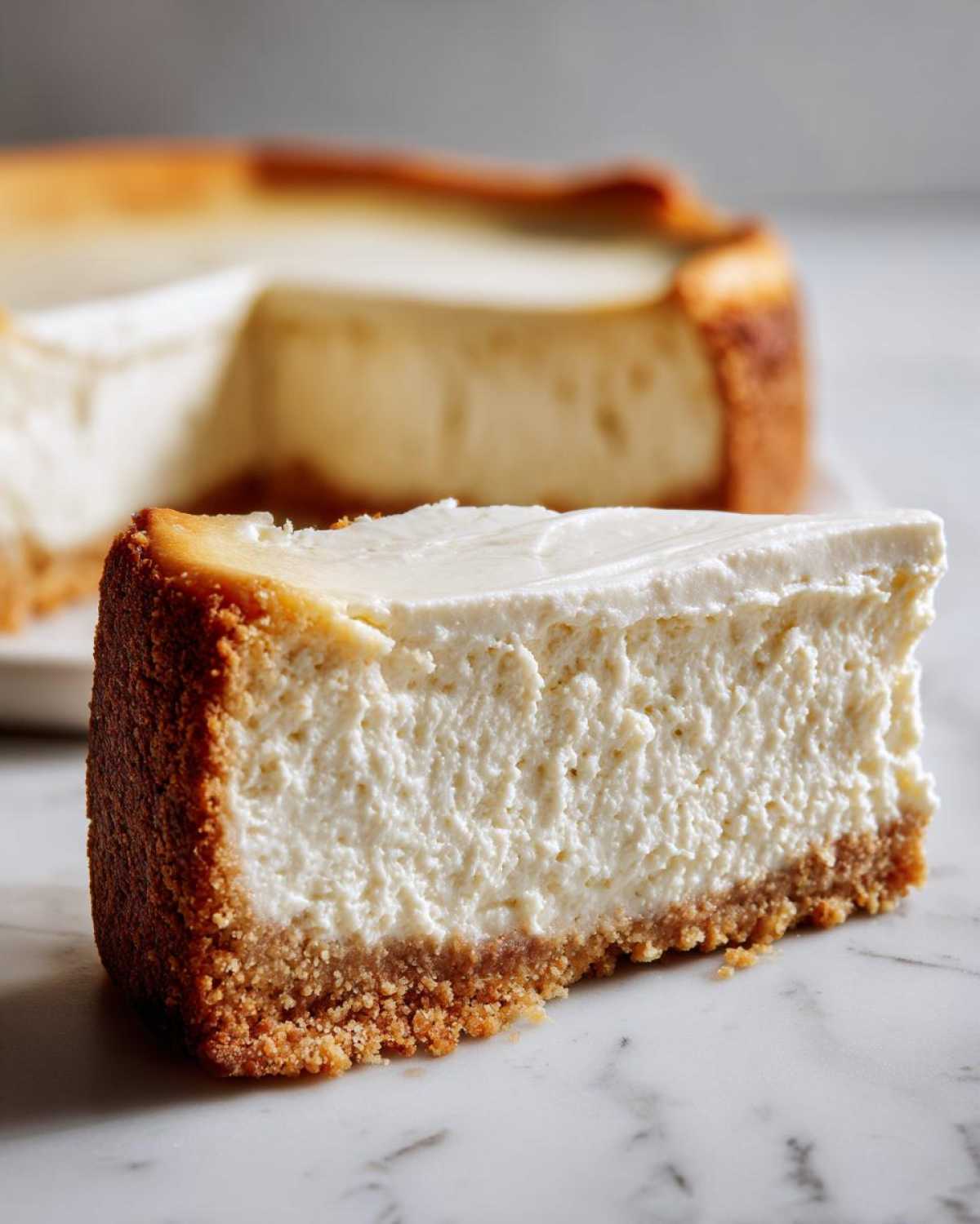 A thick slice of creamy Protein Cheesecake with a graham cracker crust sits on a white marble surface.