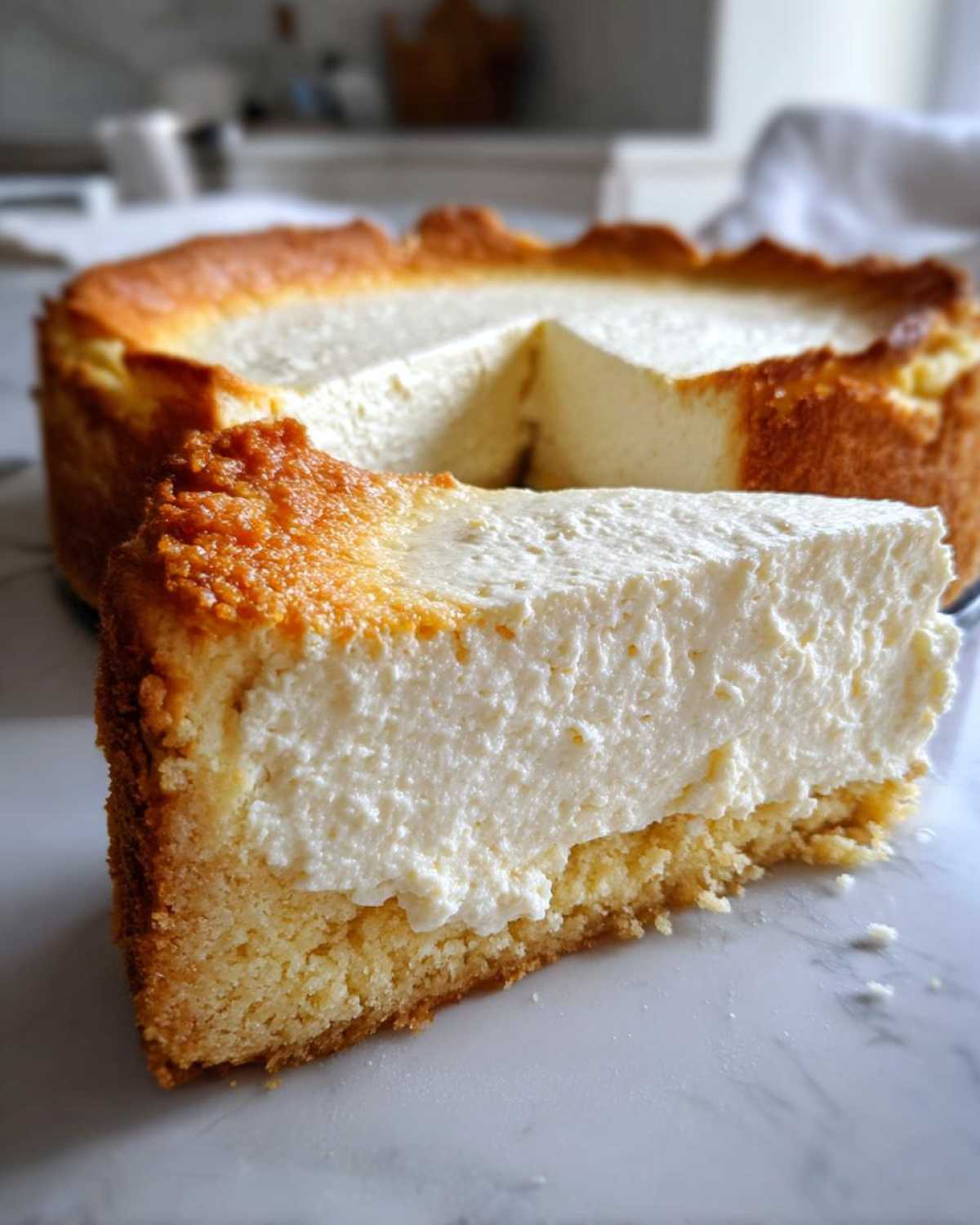 A thick slice of creamy Protein Cheesecake is pulled away from the whole cake, showing the golden baked edges.