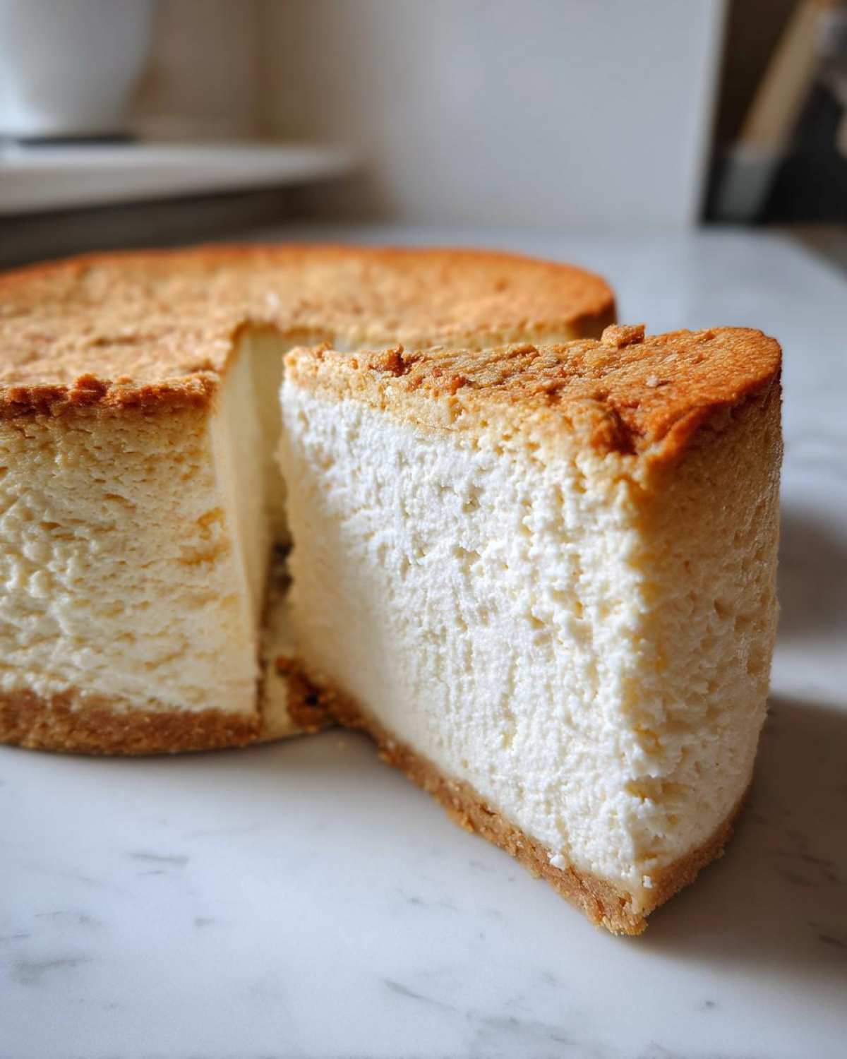 A thick slice of fluffy white Protein Cheesecake with a golden brown top and graham cracker crust.