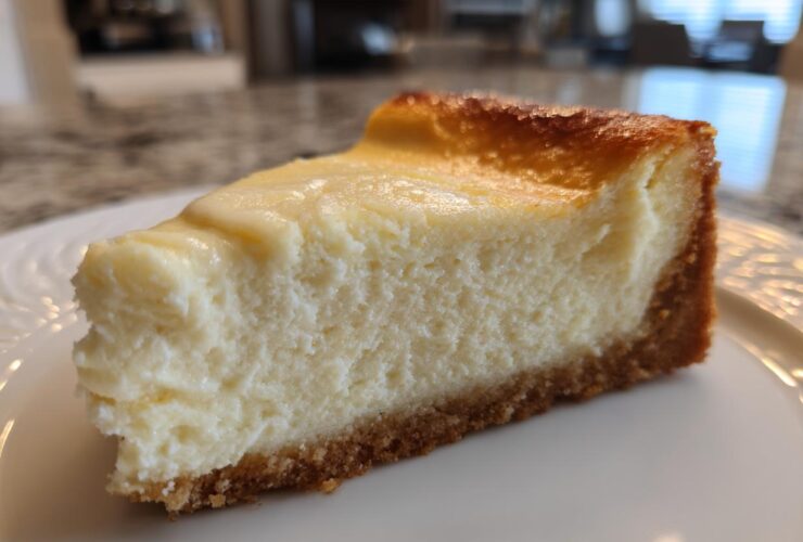 Close-up of a thick, creamy slice of baked Protein Cheesecake with a golden-brown top and graham cracker crust.