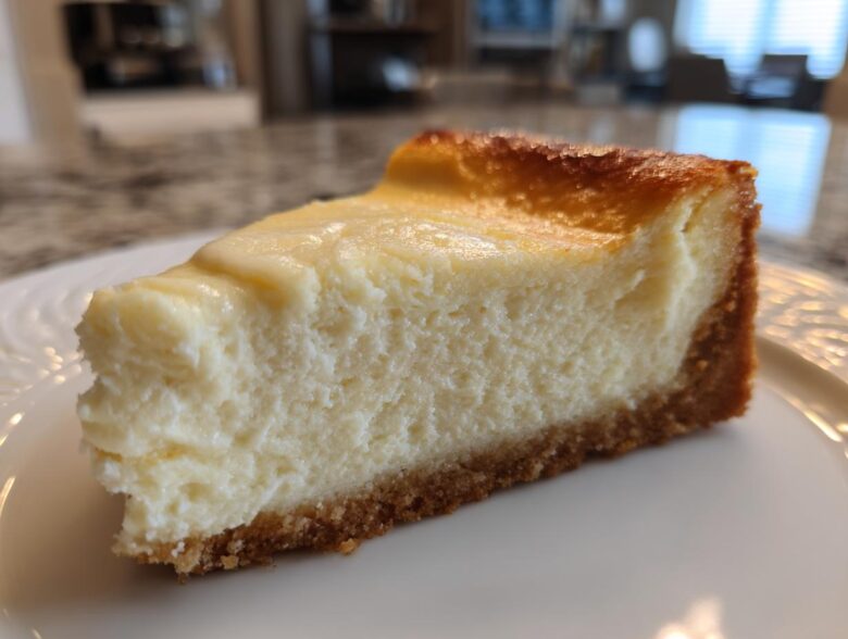 Close-up of a thick, creamy slice of baked Protein Cheesecake with a golden-brown top and graham cracker crust.