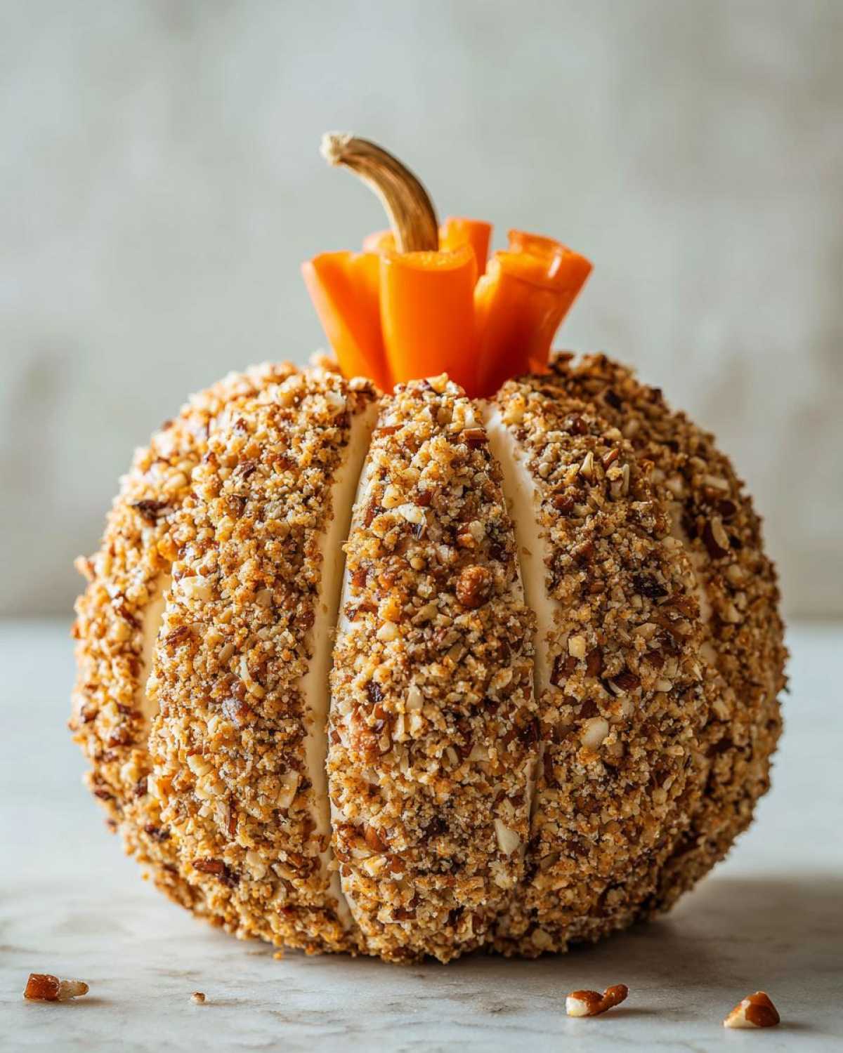 A beautifully shaped pumpkin cheese ball covered entirely in chopped nuts, with a carrot stem detail.
