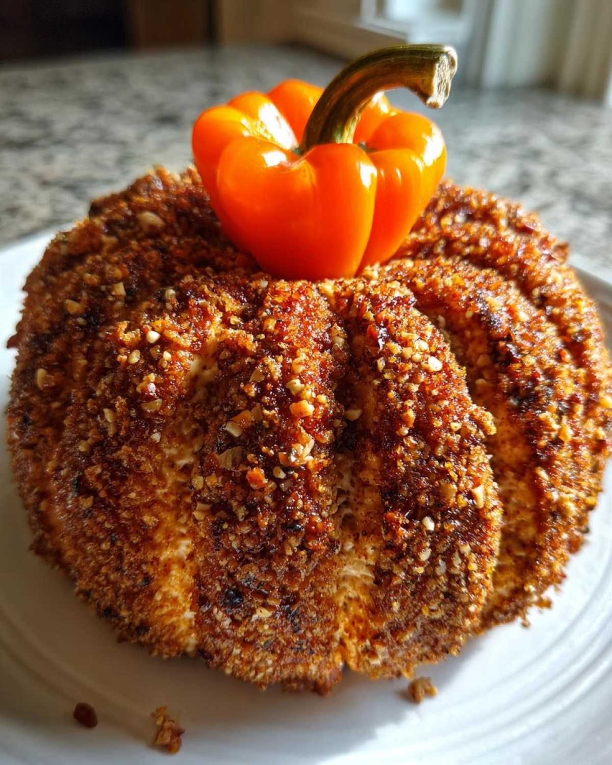 A festive pumpkin cheese ball coated in nuts and spices, topped with a small orange pepper stem.