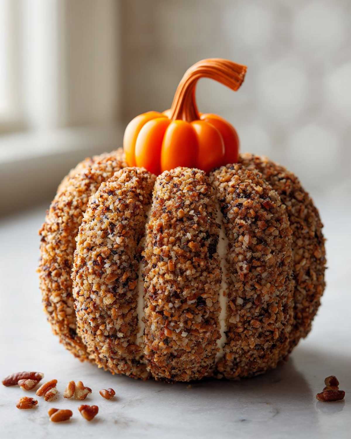 A beautifully shaped pumpkin cheese ball coated entirely in chopped nuts, topped with a small orange pumpkin stem.