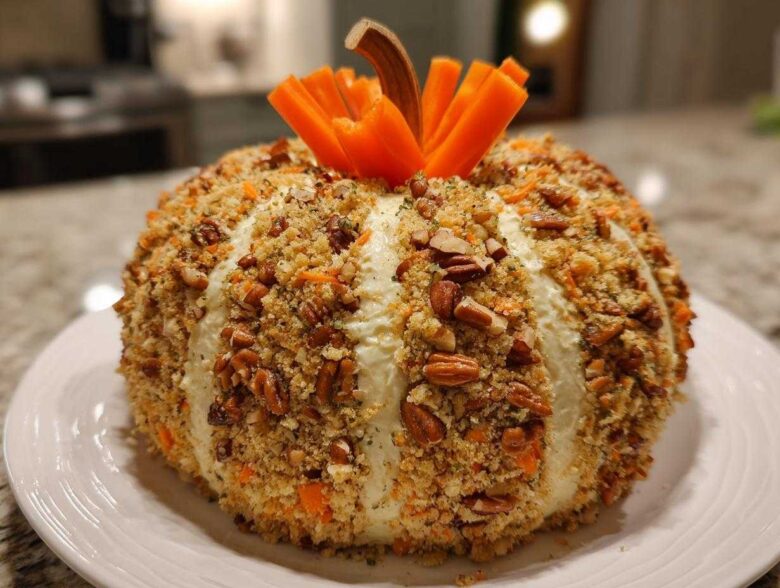 A beautifully shaped pumpkin cheese ball coated in pecans and breadcrumbs, ready for serving.