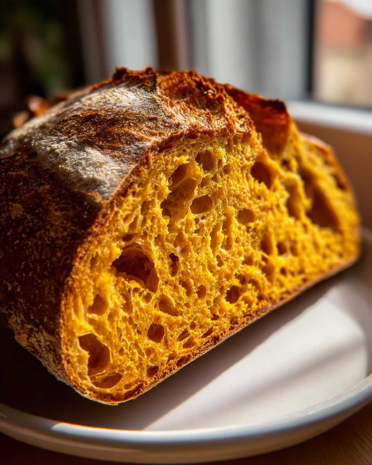 Close-up of the vibrant orange crumb structure of a freshly baked pumpkin sourdough loaf.