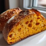 Close-up of a slice of pumpkin sourdough bread showing its bright orange interior and open crumb structure.