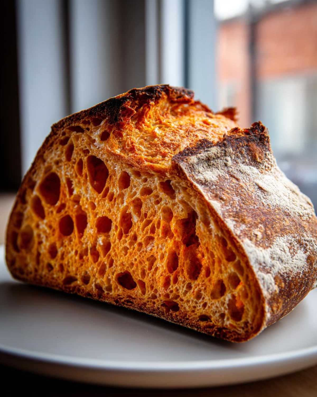 Close-up of the open crumb structure of a vibrant orange pumpkin sourdough loaf, showing large air pockets.