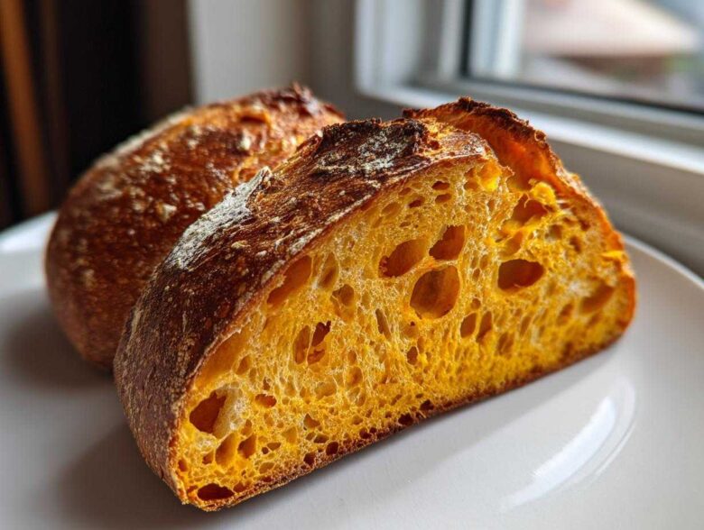 Close-up of a slice of pumpkin sourdough bread showing its bright orange interior and open crumb structure.