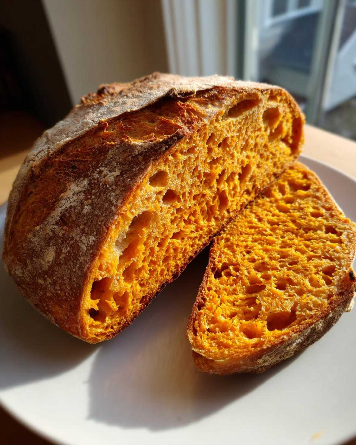 Close-up of a freshly baked pumpkin sourdough loaf cut open, showing its vibrant orange crumb and open texture.
