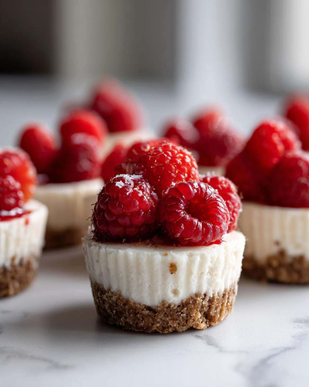 A close-up of one of the amazing 150 calorie cheesecake bites topped with fresh raspberries.