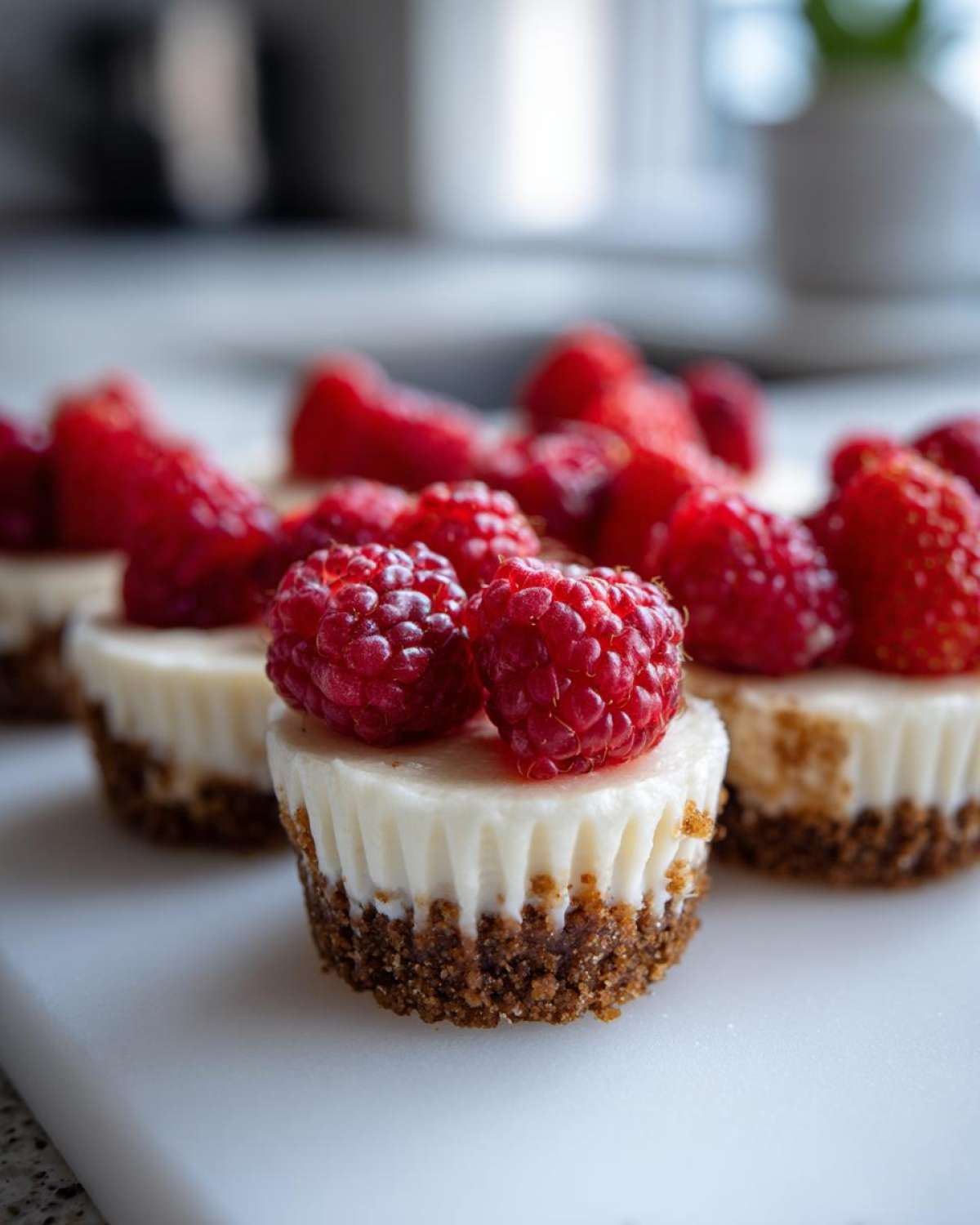 Close-up of several individual cheesecake bites topped with fresh raspberries, featuring a graham cracker crust.