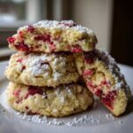 A stack of three soft raspberry cheesecake cookies, dusted heavily with powdered sugar, one cookie is broken open.