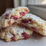 Three raspberry cheesecake cookies stacked, showing the soft interior filled with bright red raspberries and dusted with powdered sugar.
