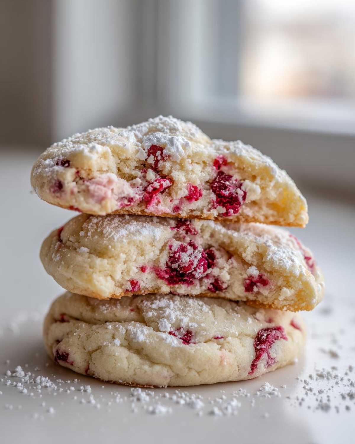 A stack of three soft raspberry cheesecake cookies dusted heavily with powdered sugar, showing the bright red raspberry filling.