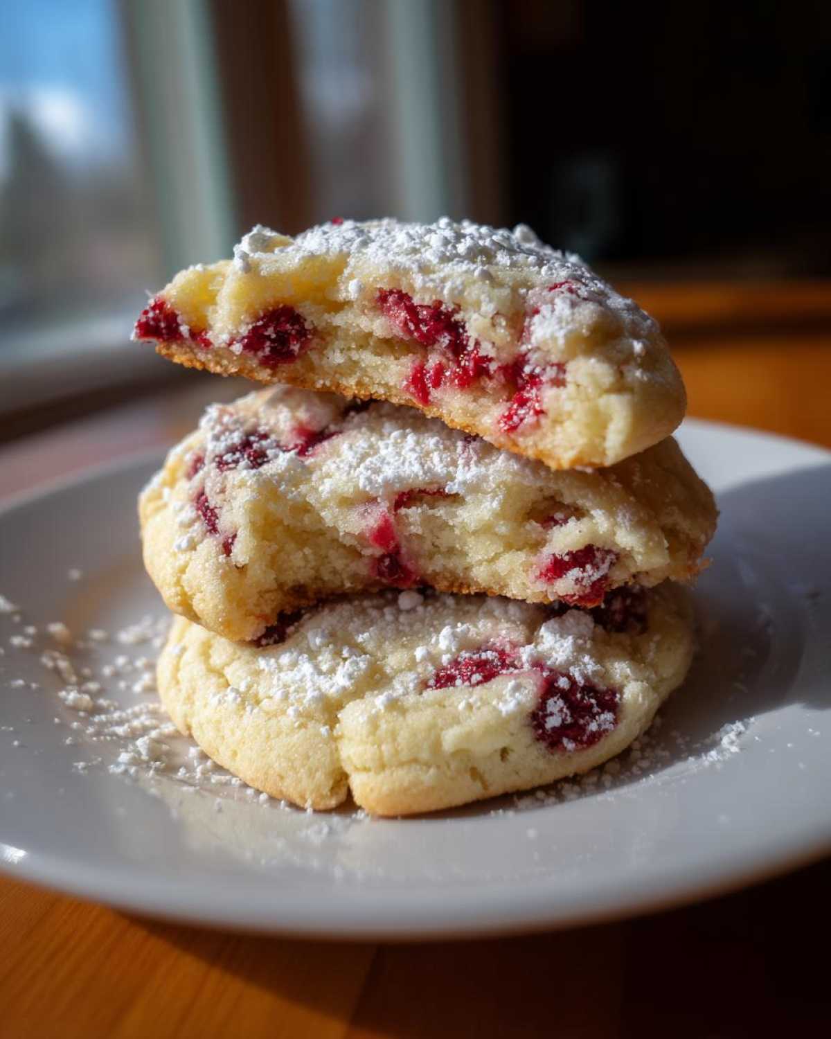 A stack of three soft raspberry cheesecake cookies dusted with powdered sugar, showing the bright red raspberry filling inside.
