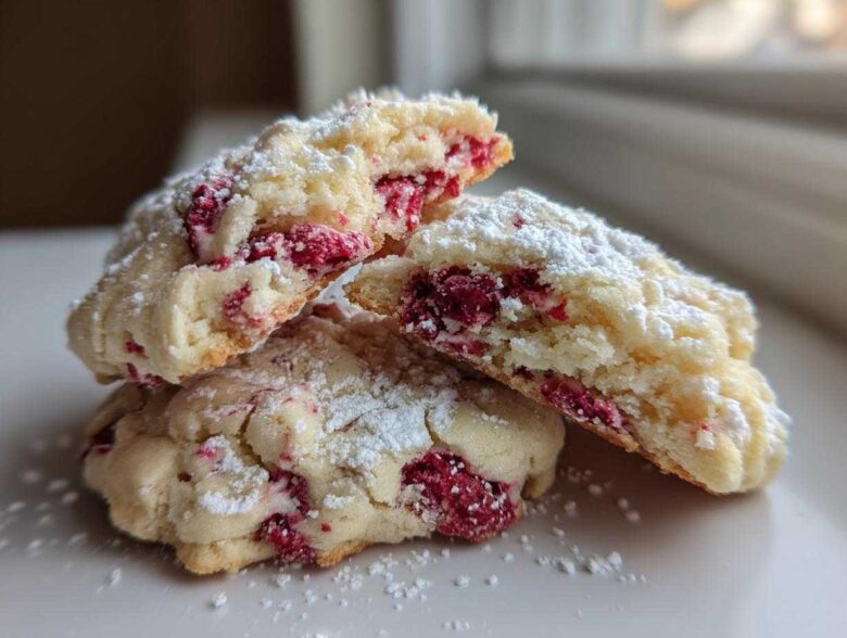 Three raspberry cheesecake cookies stacked, showing the soft interior filled with bright red raspberries and dusted with powdered sugar.