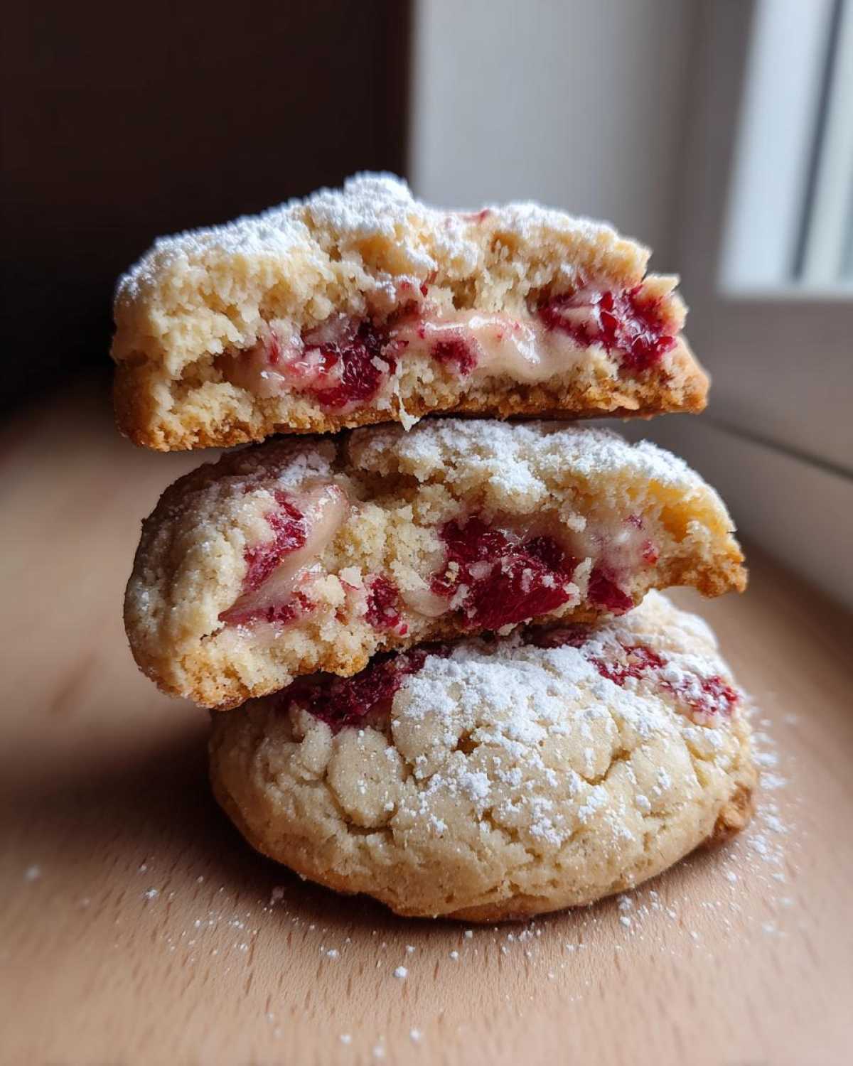 Three raspberry cheesecake cookies stacked, with the top two cut in half showing the gooey raspberry and cream cheese filling.