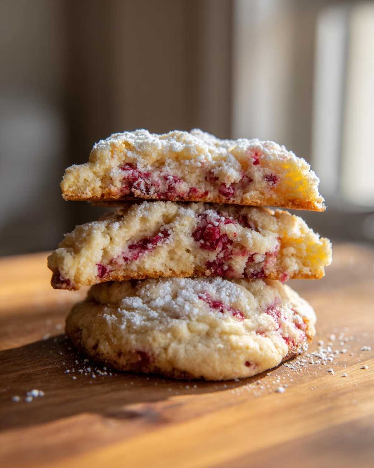 A stack of three raspberry cheesecake cookies, with the top two cut in half to show the soft interior and bright red raspberry pieces.