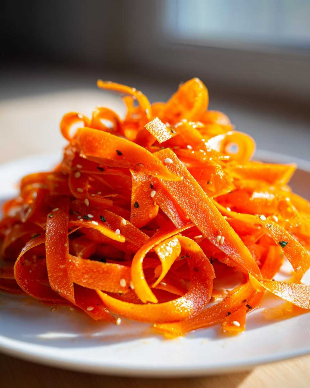 Close-up of vibrant orange ribbons in a raw carrot salad, topped with sesame seeds.