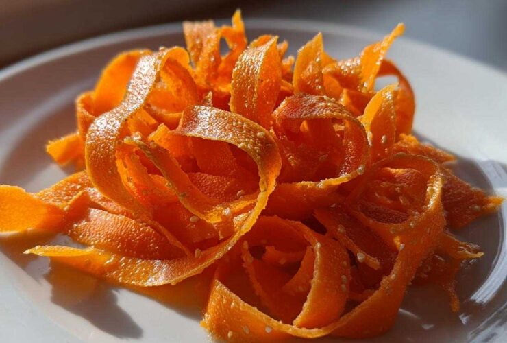Close-up of bright orange, shaved ribbons in a raw carrot salad, sprinkled with white sesame seeds.