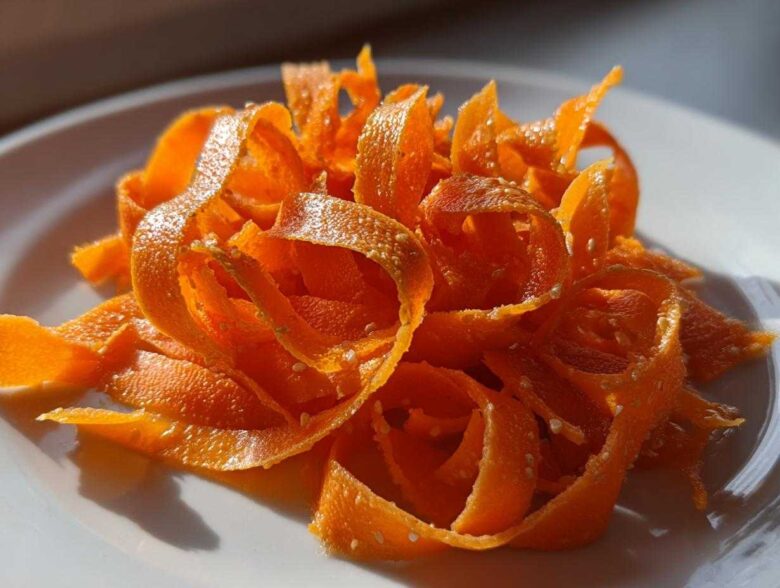 Close-up of bright orange, shaved ribbons in a raw carrot salad, sprinkled with white sesame seeds.