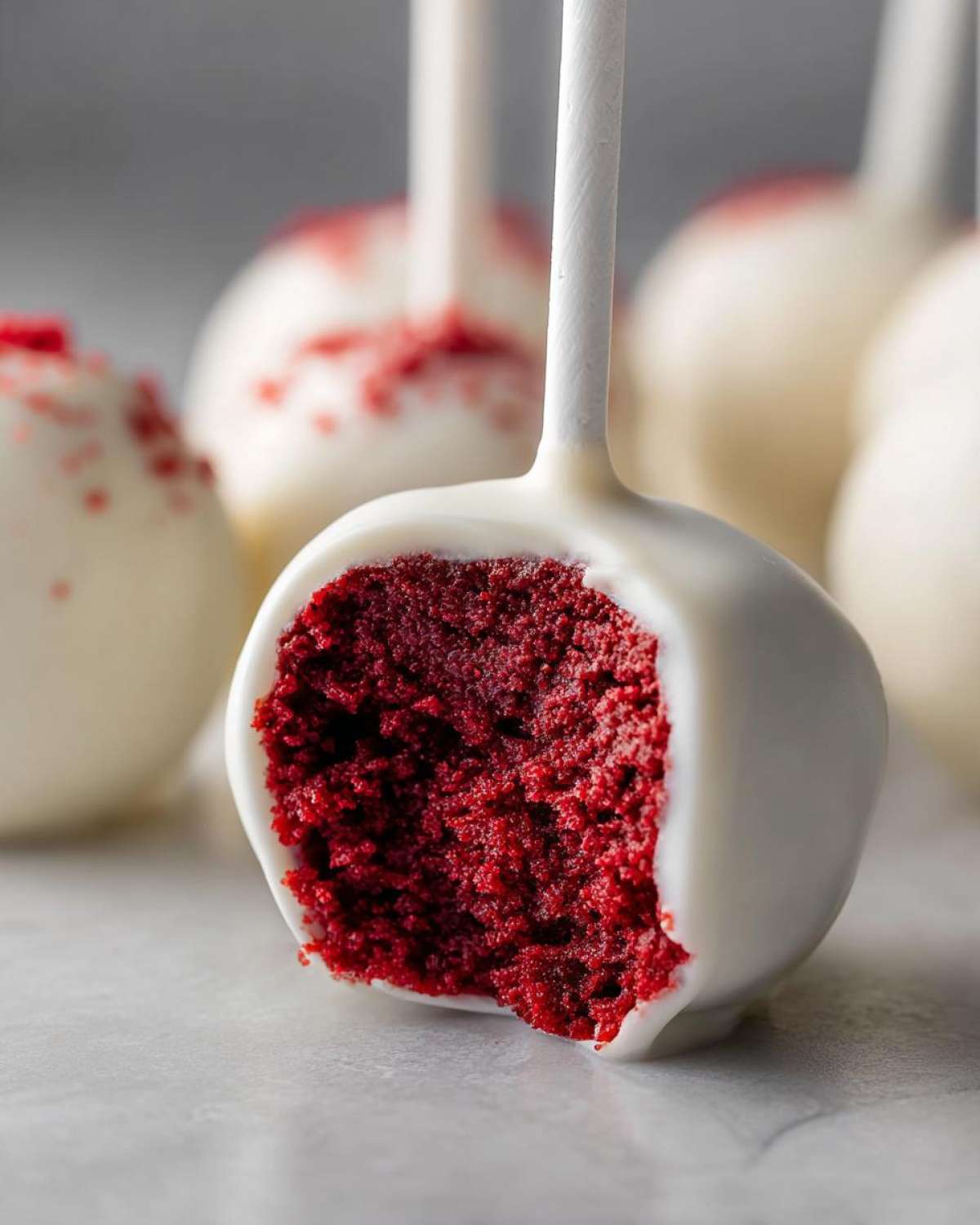 Close-up of a red velvet cake pop dipped in white chocolate, showing the rich red interior texture.