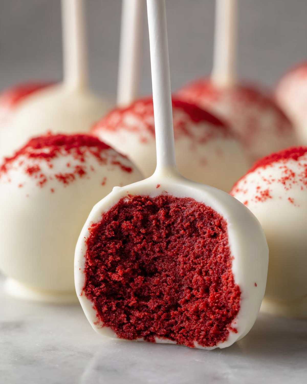 Close-up of a red velvet cake pop cut in half showing the vibrant red interior, coated in white chocolate and sprinkled with red crumbs.