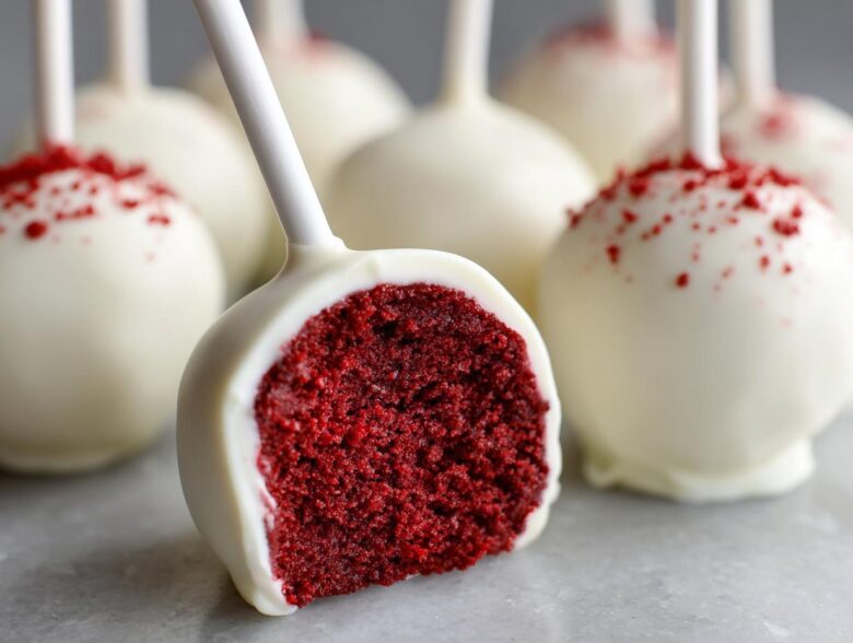 Close-up of a white chocolate-coated red velvet cake pop cut in half showing the vibrant red interior, surrounded by other red velvet cake pops.