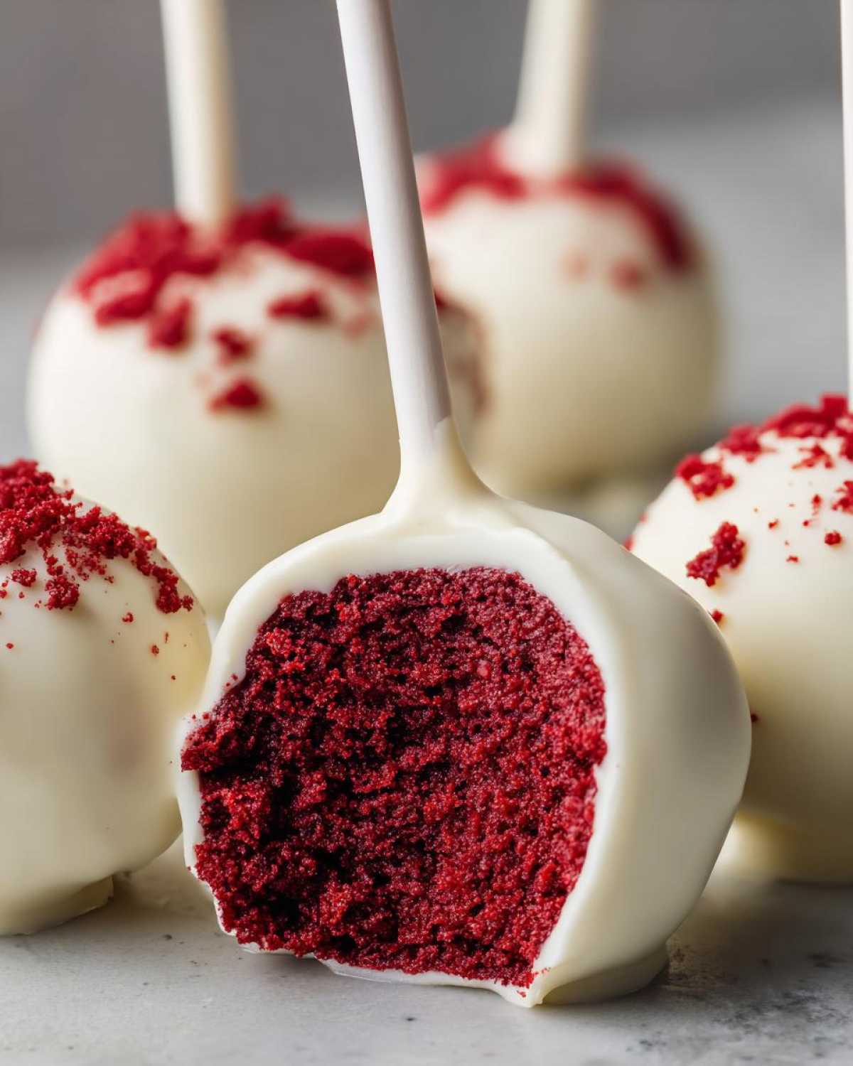 Close-up of a red velvet cake pop cut in half showing the rich red interior, coated in white chocolate and topped with red crumbs.