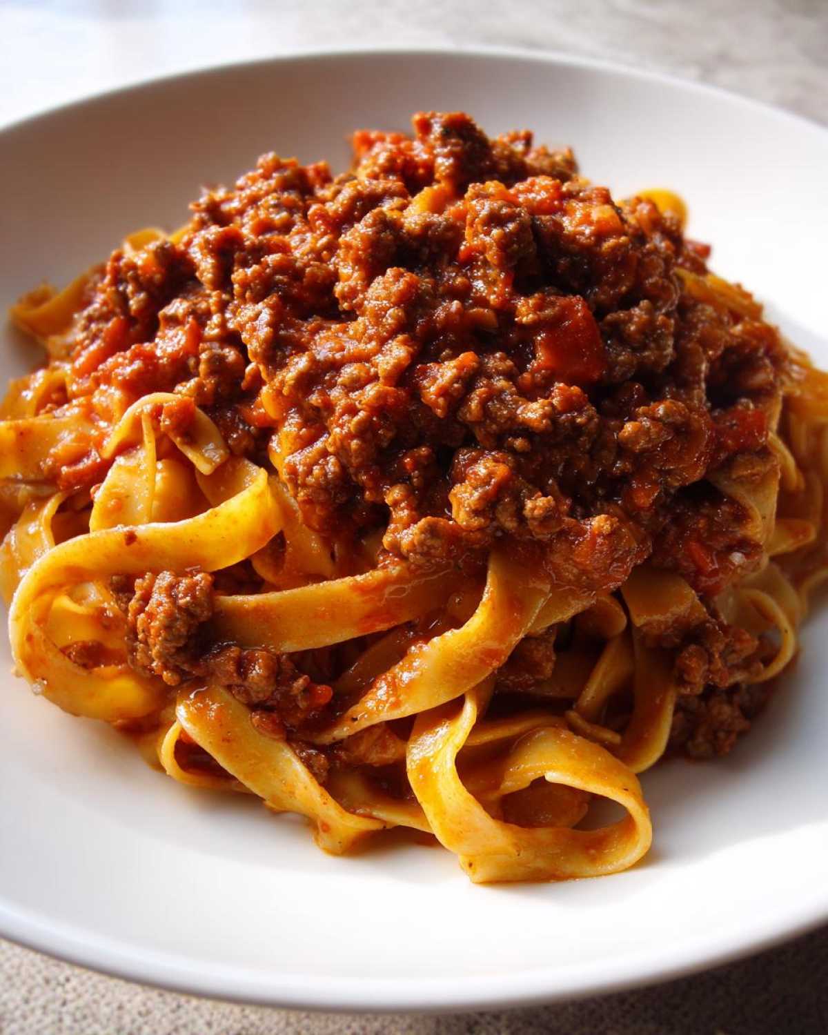 A close-up of rich, meaty bolognese sauce generously spooned over a mound of fresh tagliatelle pasta on a white plate.