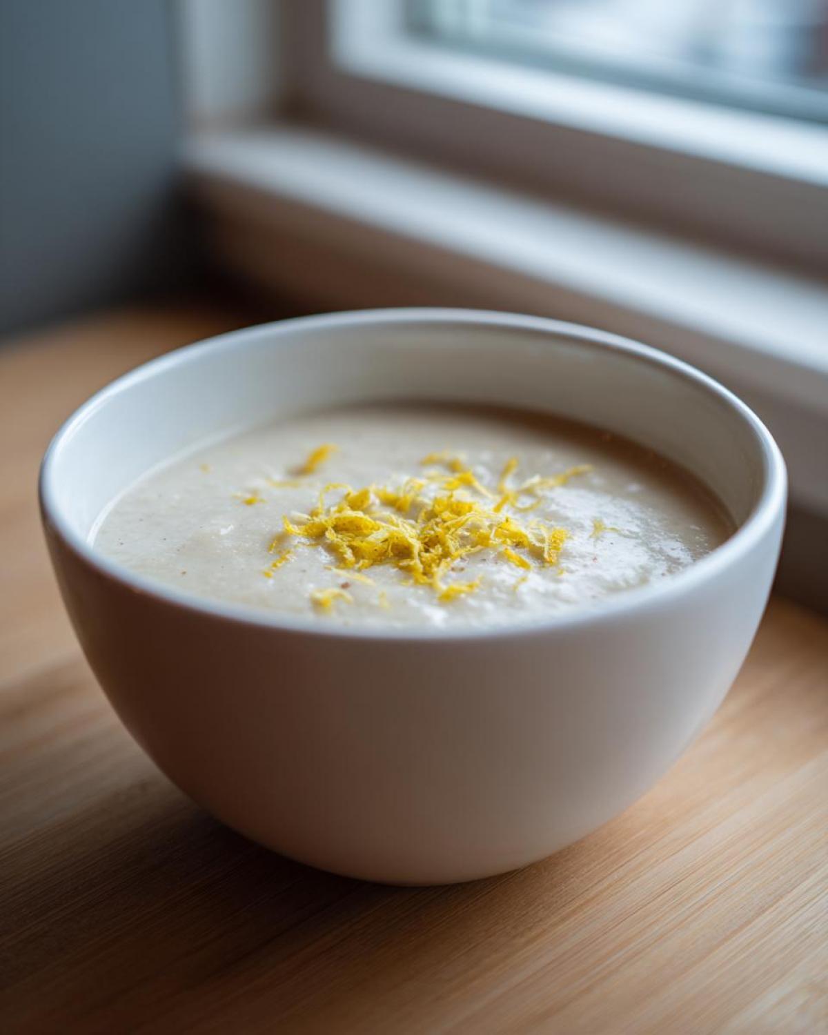A white bowl filled with creamy roasted cauliflower soup, topped with bright yellow lemon zest.