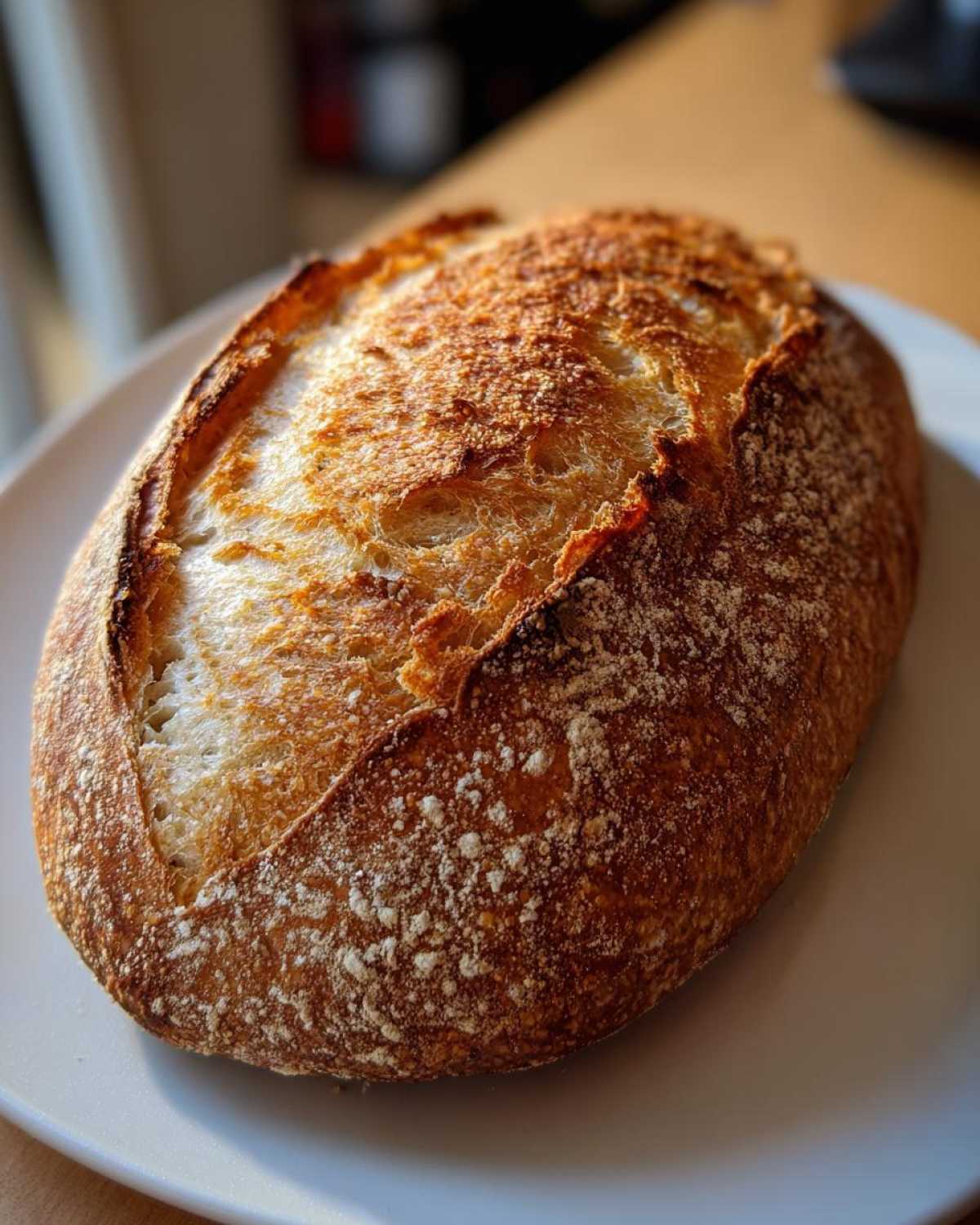 A freshly baked, rustic loaf of italian bread with a deeply browned, cracked crust dusted lightly with flour.