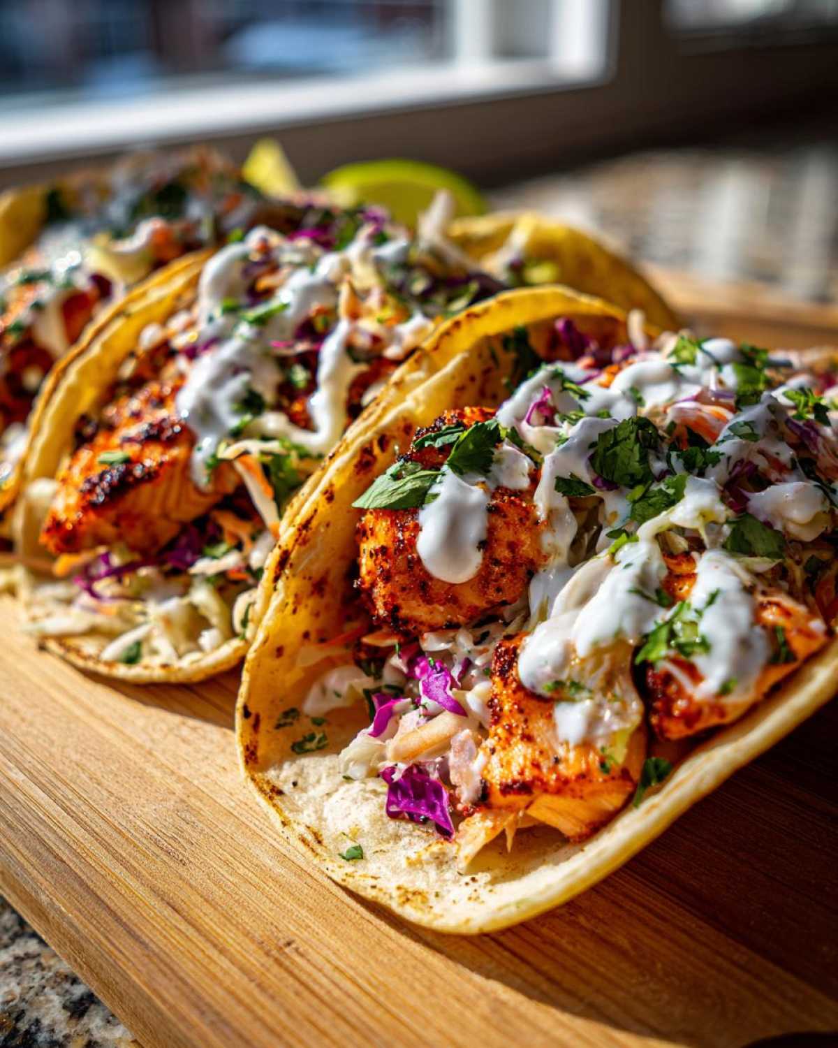 Three appetizing salmon tacos filled with seasoned fish, slaw, and drizzled with white sauce, ready to eat.