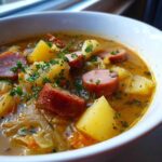 Close-up of a rich sauerkraut soup featuring chunks of smoked sausage, potatoes, and fresh parsley garnish.